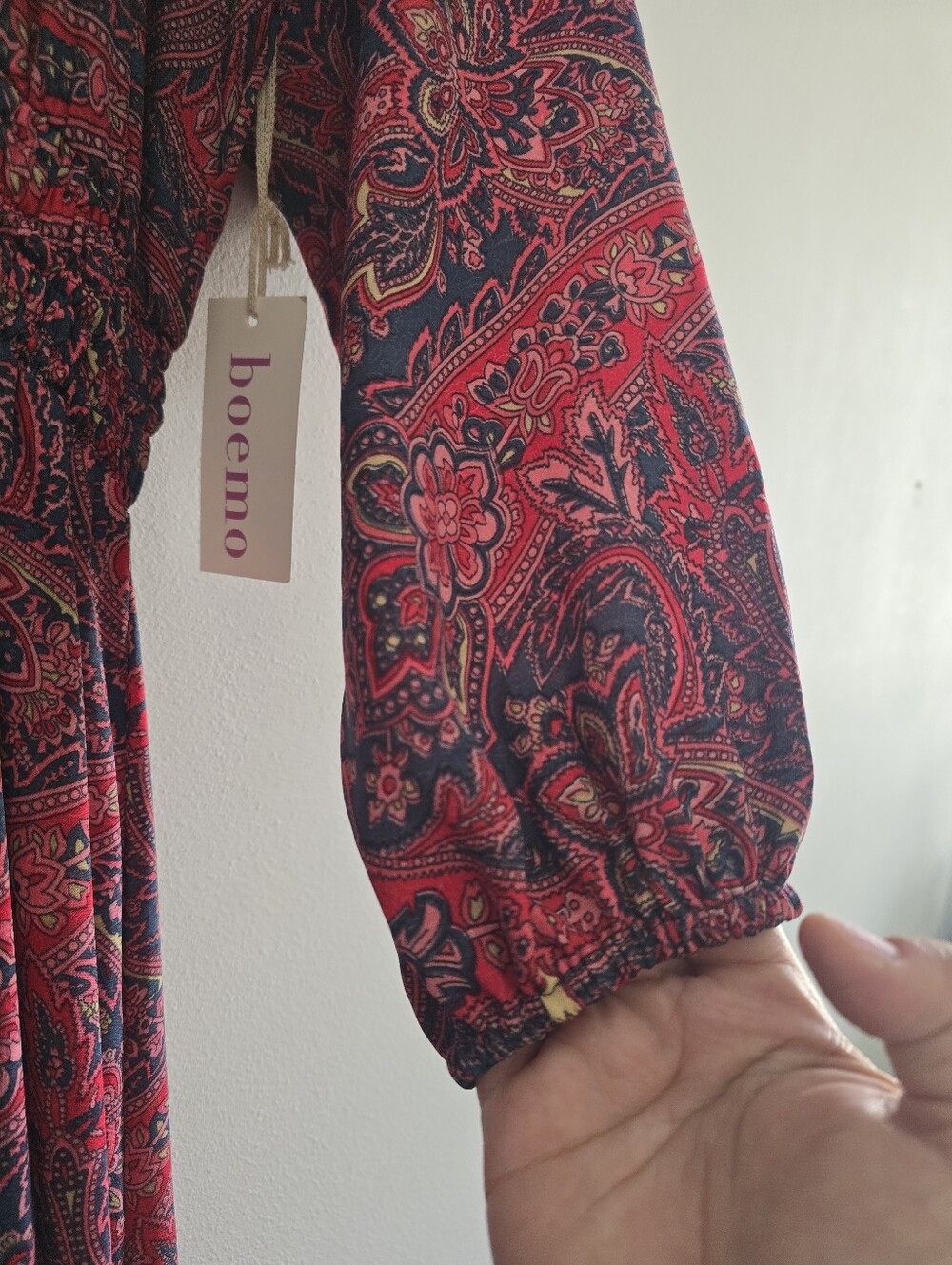 Boemo Paisley Bohemian Tiered Maxi Dress Medium Red Navy Long Sleeve V-Neck - Picture 8 of 12